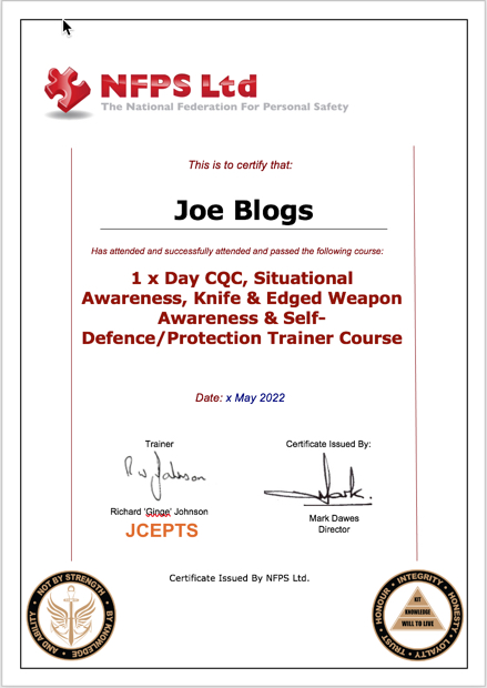 1 x day CQC Course certificate