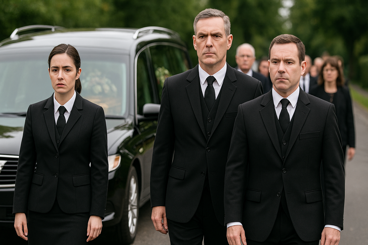 Undertakers walking ahead of a funeral procession, symbolising unexpected career paths like becoming a self-defence instructor