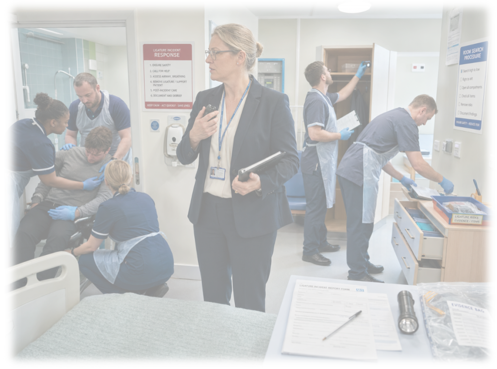 This is an image of a healthcare manager addressing a ligature event and room search